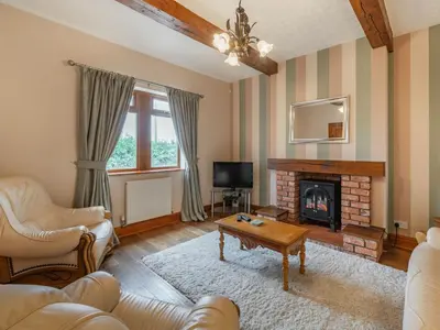 a living room with a couch and a fireplace at Highfield Cottage in Poulton le Fylde