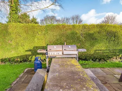 a gas stove sitting on a stone slab in front of a hedge at The Shippon in Poulton le Fylde