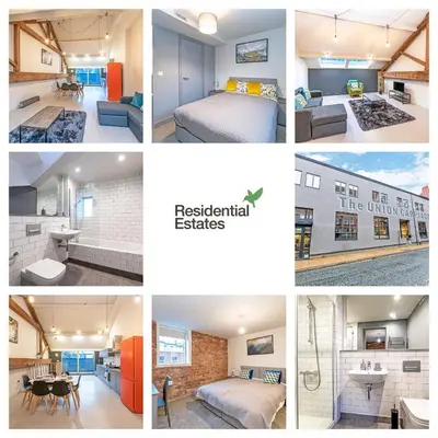 a collage of photos of a hotel room at Carriage Works by Guestz in Preston