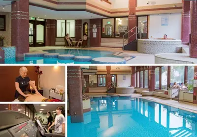 a collage of three pictures of a swimming pool at Gorgeous Cottage near Cartmel with FREE SPA Access in Holker