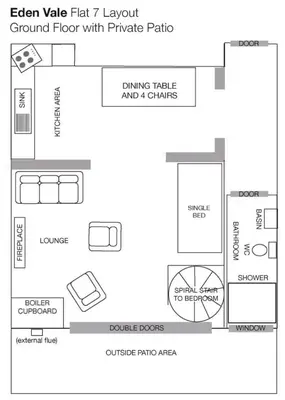 a schematic diagram of a floor plan of a building at Eden Vale Garden View Apartment with Patio in Morecambe