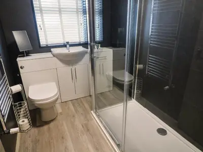 a bathroom with a shower and a toilet and a sink at White Stones in Ulverston