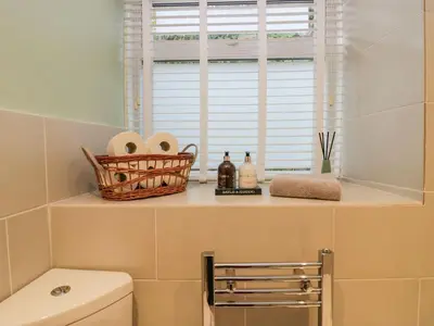 a bathroom with a toilet and a window at 1 Tower House in Grange Over Sands