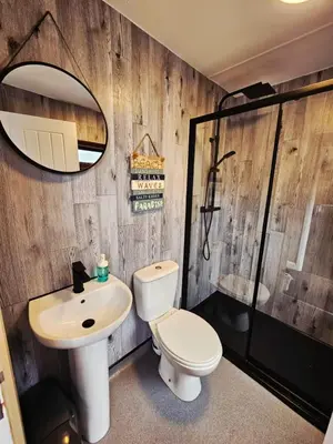 a bathroom with a toilet and a sink and a mirror at The Woodland Lodge - Wood Fired Hot Tub and Firepit in Hambleton