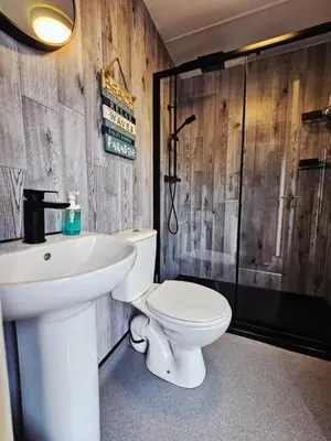 a bathroom with a toilet and a sink and a shower at The Woodland Lodge - Wood Fired Hot Tub and Firepit in Hambleton