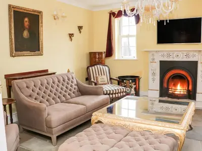 a living room with a couch and a fireplace at Moor End Manor in Poulton le Fylde