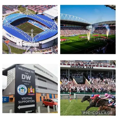 a collage of pictures of a horse racing stadium at Contemporary 1 bed studio for comfy stay in Wigan in Wigan