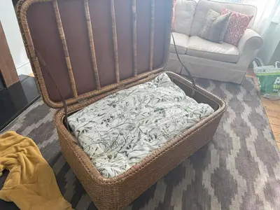a basket with a mattress in a room with a couch at Victorian Villa close to Liverpool City Centre in Liverpool