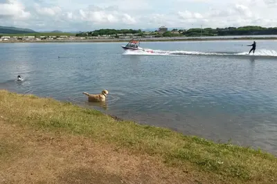 a man and a dog in the water with a boat at Driftwood Cottage Port Haverigg Marina Village in Millom