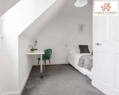 a white bedroom with a bed and a desk at Modern Townhouse - Free Gated Parking - City Centre - 5 ! By Hinkley Homes Short Lets & Serviced Accommodation in Liverpool