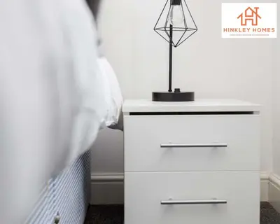 a white dresser with a lamp on top of it at Modern Townhouse - Free Gated Parking - City Centre - 5 ! By Hinkley Homes Short Lets & Serviced Accommodation in Liverpool