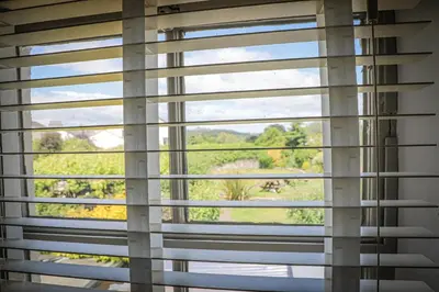 a window with blinds looking out at a garden at Hope and Anchor in Flookburgh