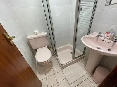 a bathroom with a toilet and a shower and a sink at Galaxy Hotel in Blackpool