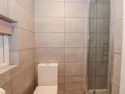 a bathroom with a toilet and a shower at The Lookout in Millom