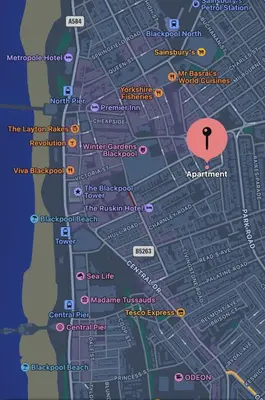 a map of a city with a red dot at Sunnyside Aparthotel Tropical suite, 10 min from Blackpool tower, outside space, free parking in Blackpool