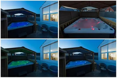 four pictures of a house with a pool table at HOT TUB JACUZZI on private terrace FREE GATED PARKING sleeps 8 in Blackpool