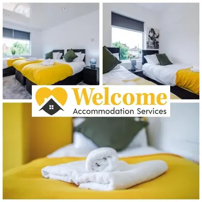 a collage of four pictures of a hotel room with a bed at warm modern 3 bedroom house free secure off road parking, wifi & sky sleep upto 6 guest 2 bathrooms in Aintree