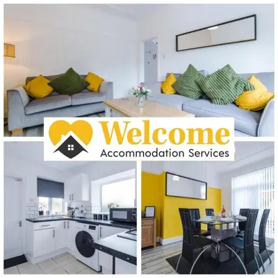 a collage of photos of a room with a bed and a kitchen at warm modern 3 bedroom house free secure off road parking, wifi & sky sleep upto 6 guest 2 bathrooms in Aintree