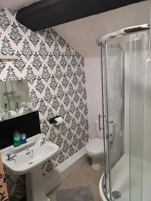 a bathroom with a toilet and a sink and a shower at East Mount House in Barrow in Furness