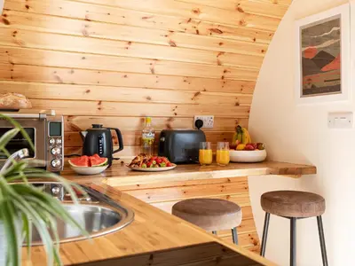 a kitchen with wooden walls and a counter with a sink at Low Longlands in Cartmel