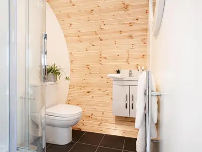 a bathroom with a white toilet and a wooden wall at Low Longlands in Cartmel