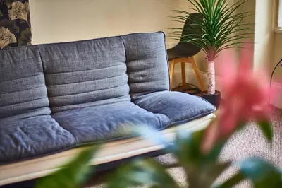 a blue couch in a living room with a potted plant at The Little Bear Apartment Birkdale Village in Southport