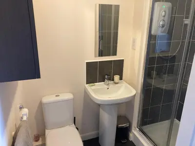 a bathroom with a toilet and a sink and a shower at Cheerful Home FOR FOOTBALL, DOCKS AND CITY CENTRE in Liverpool