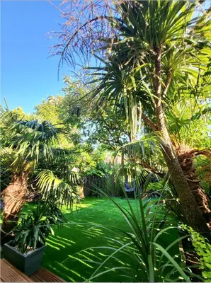 a garden with palm trees and a green lawn at Luxury Oriental Home with Exotic Garden & Free Parking in West Derby