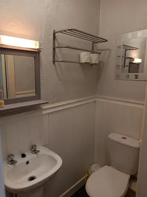 a bathroom with a white toilet and a sink at Stafford House in Blackpool
