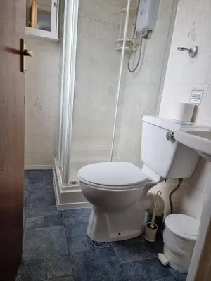 a bathroom with a toilet and a shower and a sink at Casablanca in Blackpool