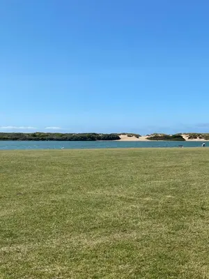 a field of grass with the ocean in the background at Crosby Apartments in Liverpool
