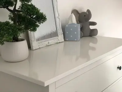 a white shelf with a teddy bear and a plant at Old Smithy Cottage in Great Singleton