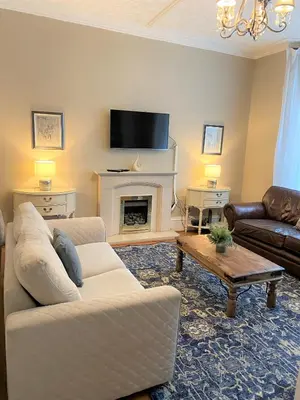 a living room with a couch and a fireplace at Villa with Park Views close to Liverpool Centre in Liverpool
