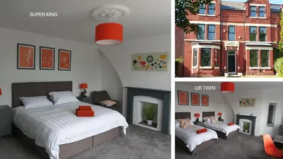 two pictures of a bedroom with a bed and a building at Victorian Renovation Room 6 in Liverpool