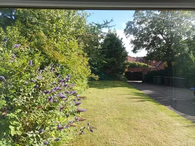 a garden with purple flowers in the grass at Victorian Renovation Room 6 in Liverpool