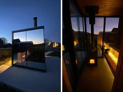 two images of a house with a window at night at Little Heaning in Cartmel