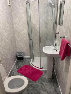 a bathroom with a shower and a toilet and a sink at JEANNE in Blackpool