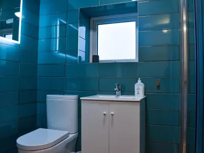 a blue tiled bathroom with a toilet and a sink at Shire Nooks in Hurst Green