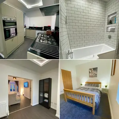 a collage of photos of a kitchen and a living room at A spacious & modern 3-bed home in Blackburn