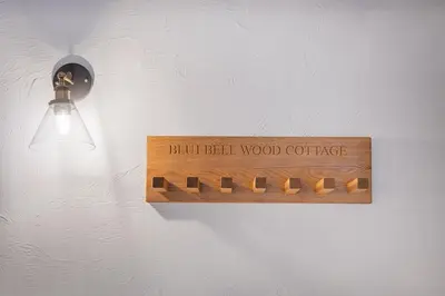 a wooden sign on a wall with a light at Bluebell Wood Cottage - with hot tub in Cartmel