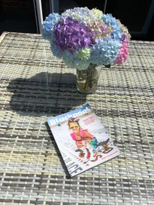 a book and a vase of flowers on a table at Spacious Family Home Minutes from the Beach in Blackpool