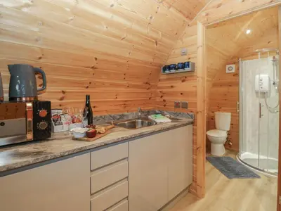 a kitchen with a sink and a toilet in a log cabin at Holly in Ulverston
