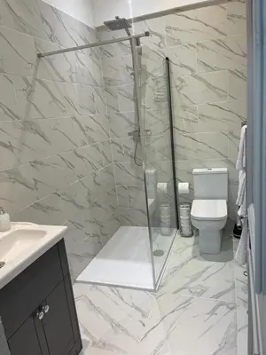 a bathroom with a shower with a toilet and a sink at Liverpool Georgian Town House Catharine St in Liverpool