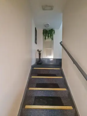 a hallway with stairs with a plant on the wall at Town Centre Maisonette in Ulverston