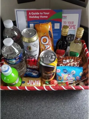 a basket filled with food and drinks on a counter at Heysham seaview in Heysham