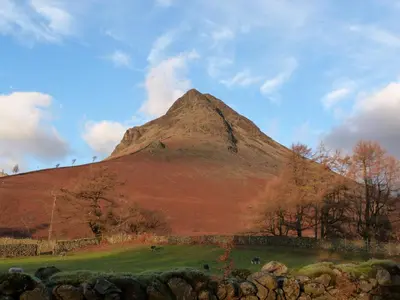 a mountain in the middle of a field with trees at Rowan in Ulverston