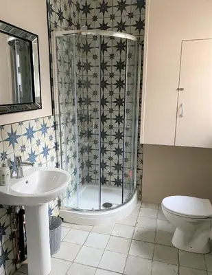 a bathroom with a shower and a toilet and a sink at Beautiful Victorian Townhouse in Liverpool