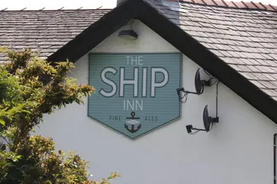 a sign for the ship inn on the side of a building at Halsteads: peaceful location, stunning views in Soutergate