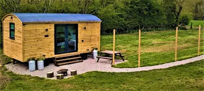 a small wooden cabin with a picnic table in a field at The Stag's Head - Shepherds Hut in Great Singleton