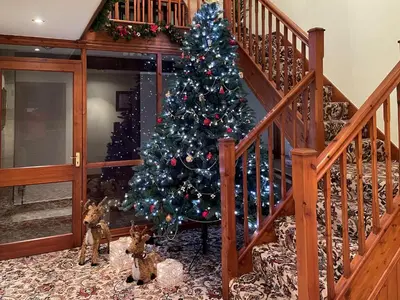 a christmas tree in a room with a staircase at Priory Barn in Burscough